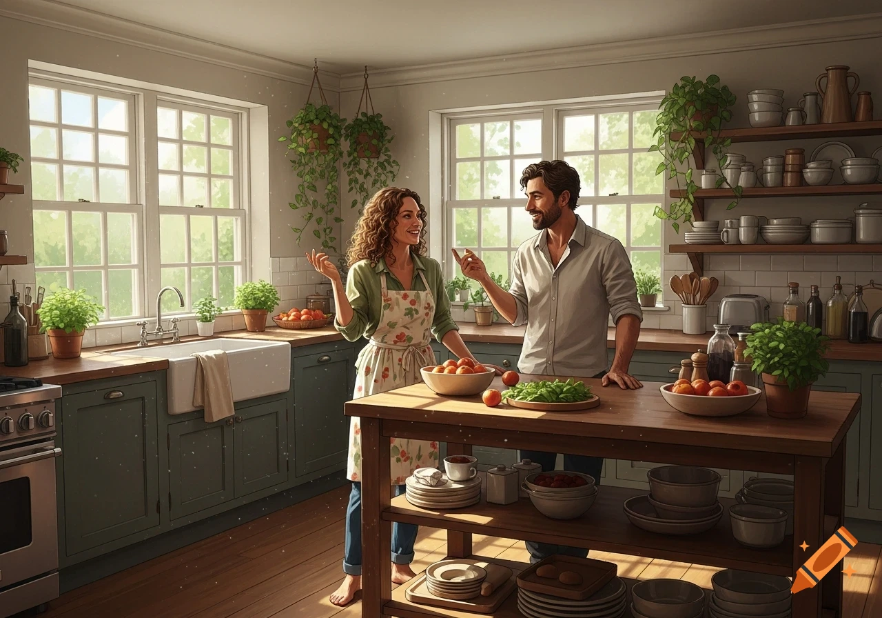 A smiling man and woman talk in a bright, rustic kitchen while preparing food on a wooden island.