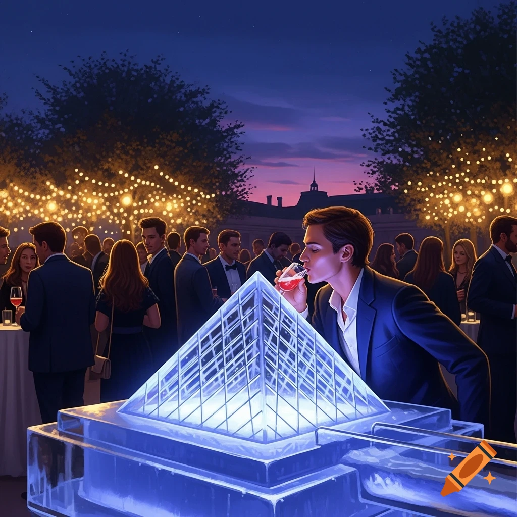 A man in a suit drinks from an illuminated ice luge shaped like the Louvre Pyramid at an outdoor evening party with string lights and a crowd.