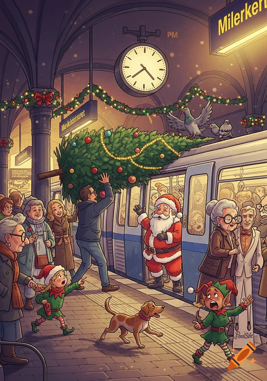 A crowded, festive Christmas scene at a subway station with Santa Claus stuck in a train door, elves, a man carrying a large Christmas tree, and pigeons on the train roof, in a vibrant cartoon style.