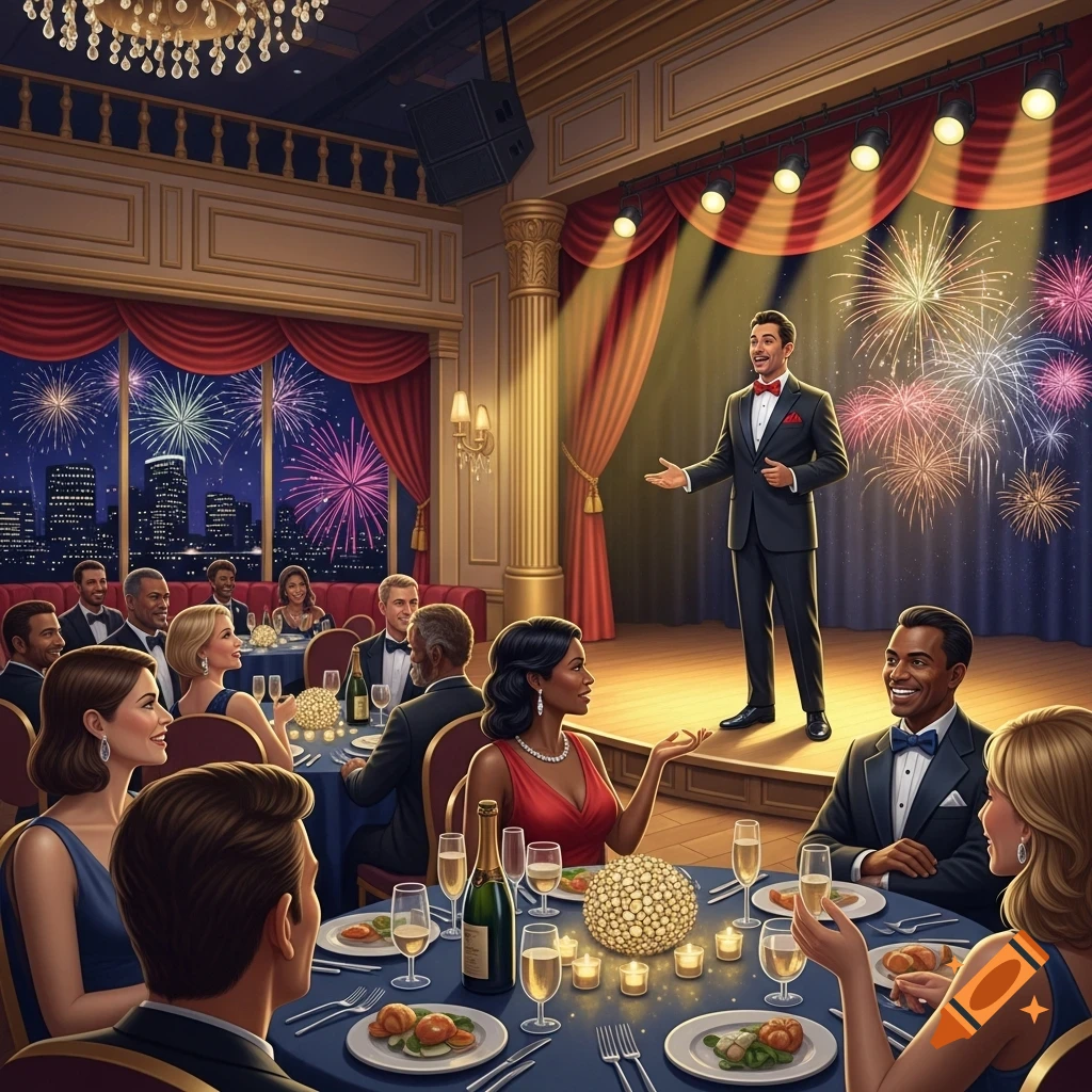 Man in a tuxedo performs on a stage for a formal dinner audience at a New Year's Eve celebration with fireworks visible through large windows.