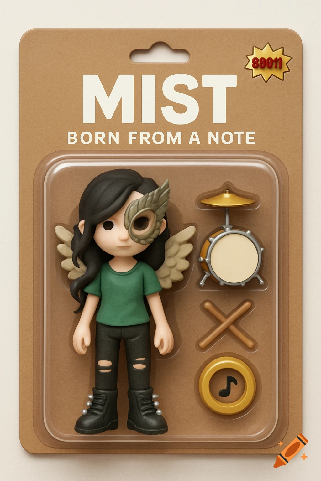 A cute action figure in blister packaging, featuring a character with dark hair, a winged mask, a drum kit, and drumsticks. The packaging is labeled 'MIST, BORN FROM A NOTE'.