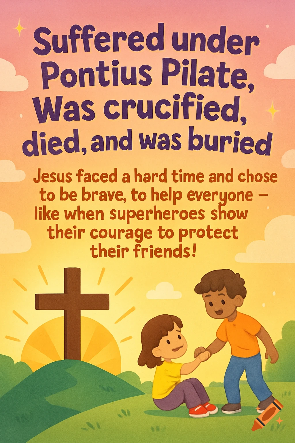 Illustration of a cross at sunrise on a grassy hill, with a boy helping a girl. Text about the Christian Creed above.