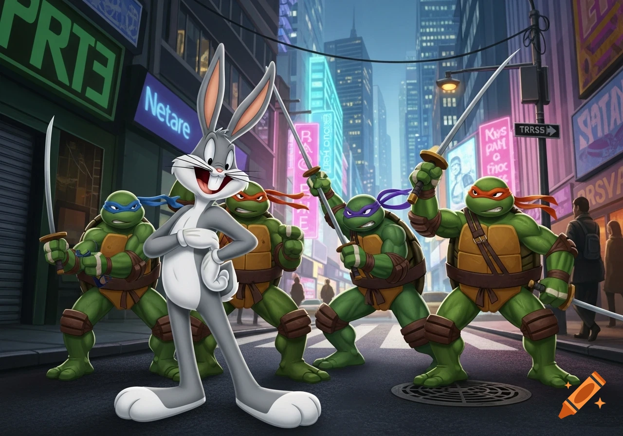 Bugs Bunny stands with four Ninja Turtles holding swords in a neon-lit city street at night, cartoon style.