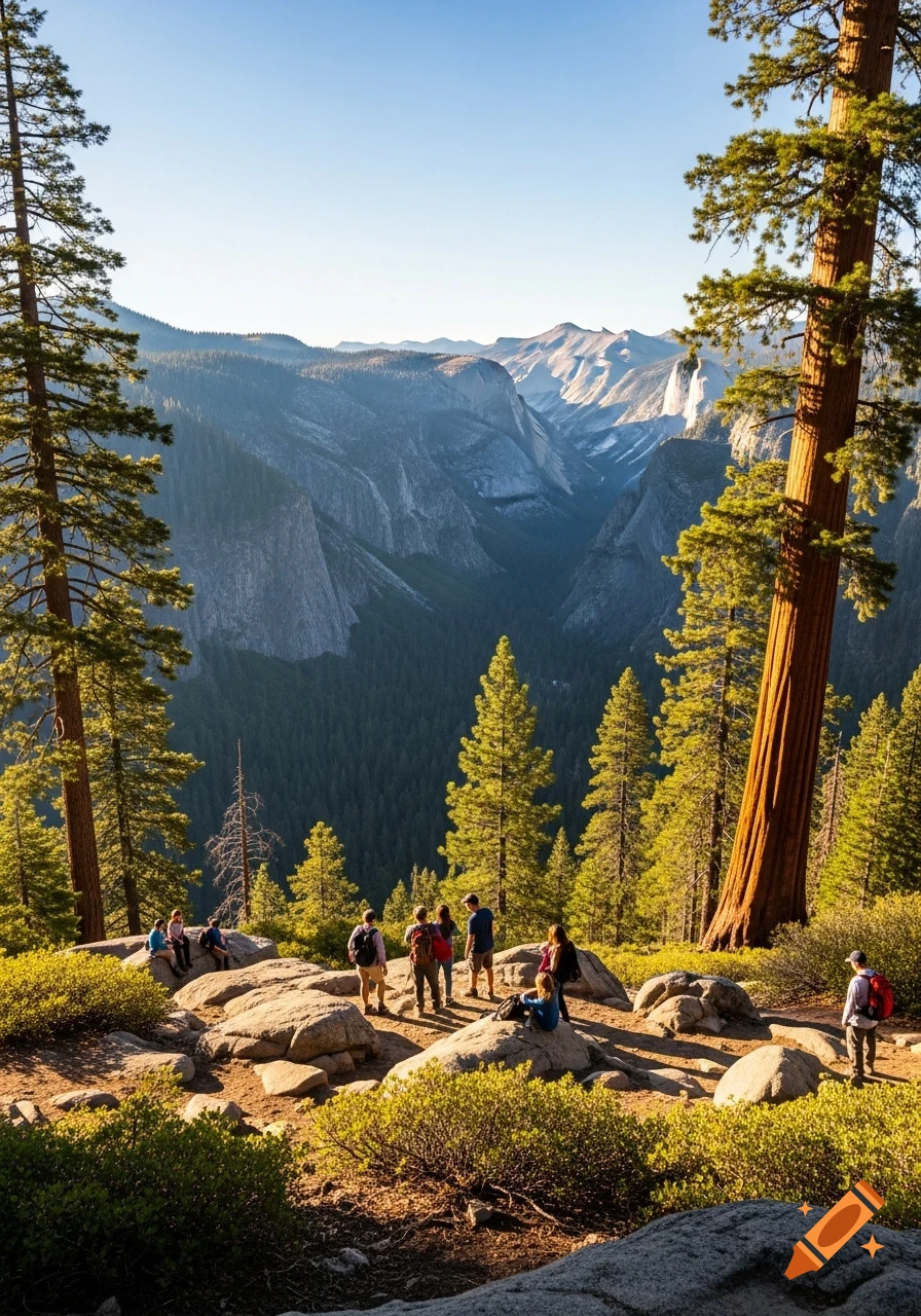 Hikers gaze at a vast mountain valley with dense forests and tall trees under a clear sky in a national park, photorealistic.