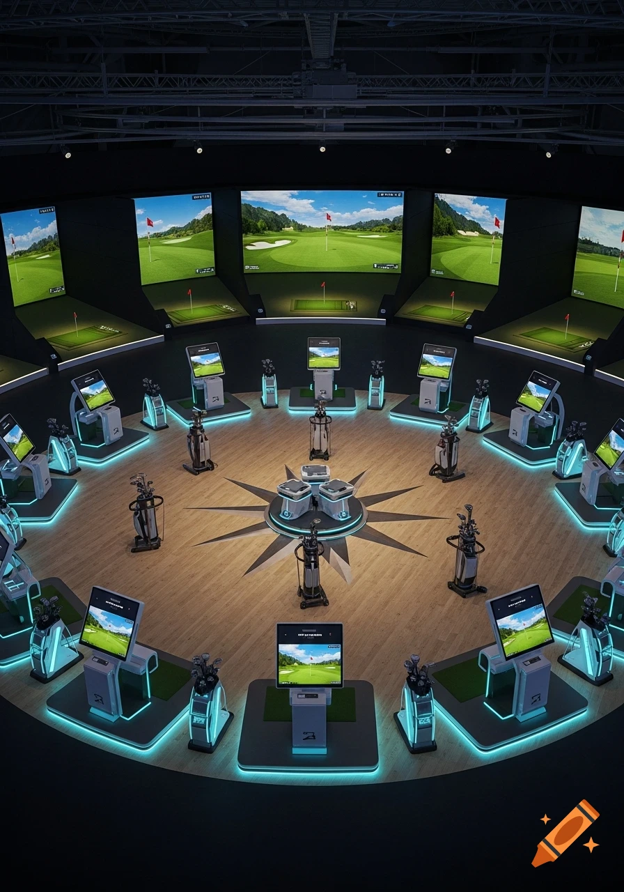 An indoor golf simulator setup with 18 stations arranged in a circle, each featuring a large screen displaying a golf course and a smaller monitor, with golf bags beside them. The stations are illuminated with a futuristic blue glow, set on a wooden floor.