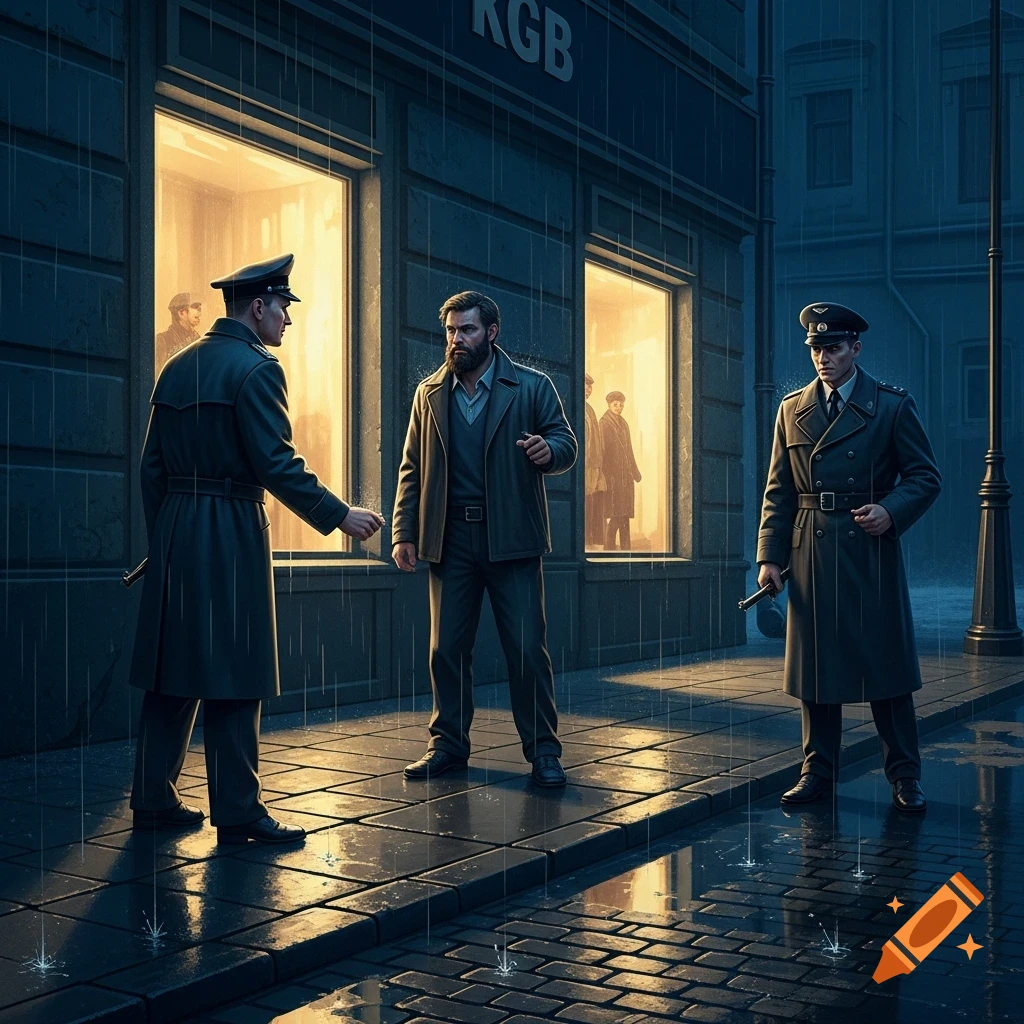 Two men in trench coats confront a bearded man on a rainy city street outside a building with 'KGB' on it.