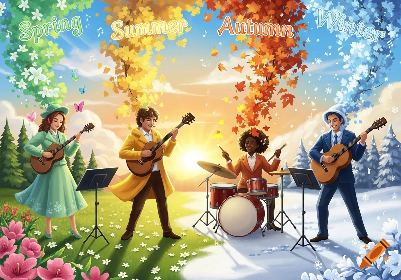 An illustration of a band with four members, each representing a season: Spring, Summer, Autumn, and Winter, playing instruments.