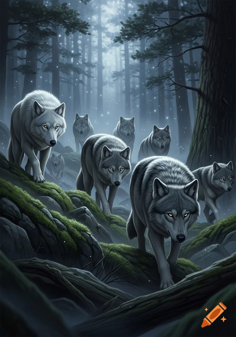A pack of gray wolves with glowing yellow eyes emerges from a misty, moonlit forest, walking over mossy rocks.