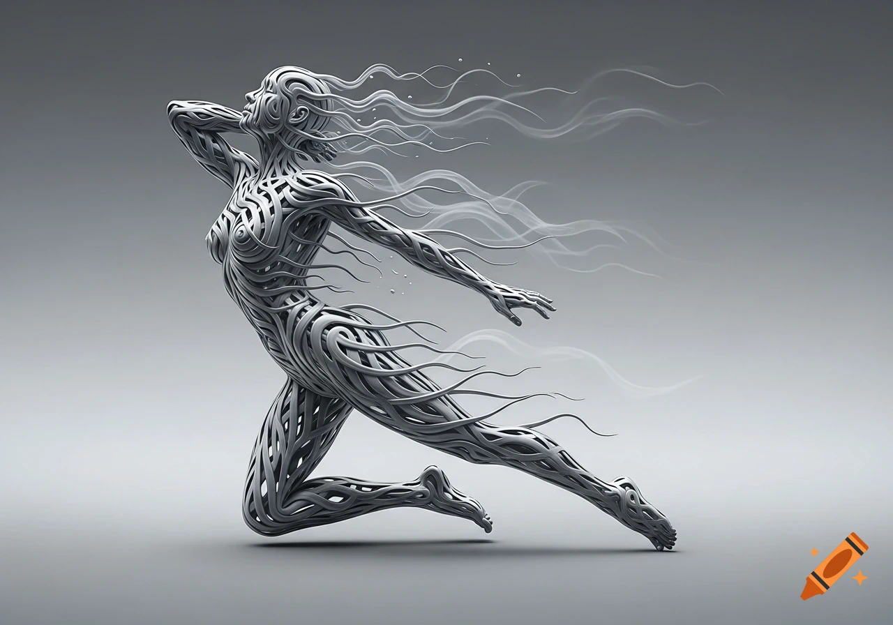 Abstract metallic sculpture of a female figure formed from swirling lines, dissolving into wavy trails, against a gray background.