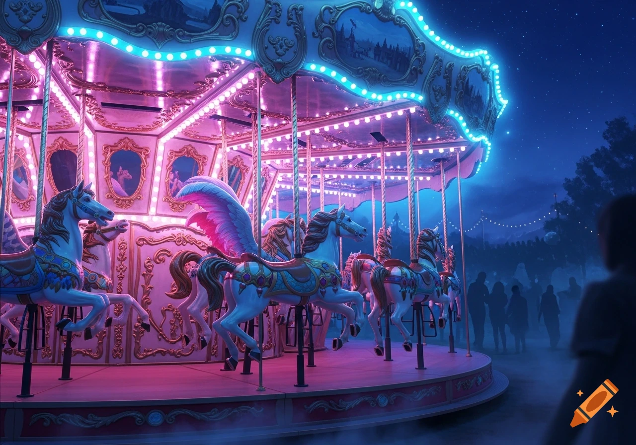 Vibrant carousel illuminated by pink and blue neon lights at night, with silhouetted people in the background.