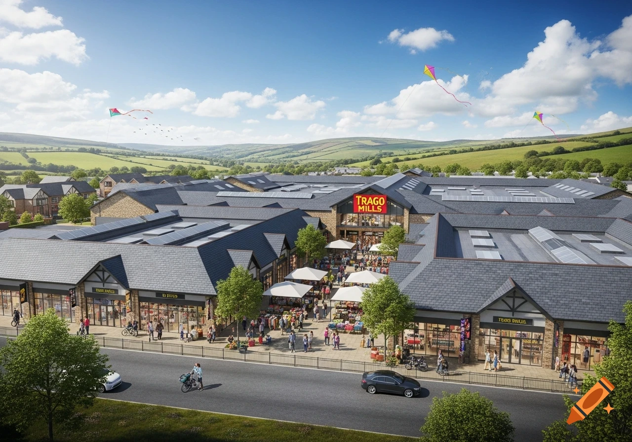 An aerial view of a bustling outdoor shopping village with a main building labeled 'Trago Mills', surrounded by green hills under a blue sky.