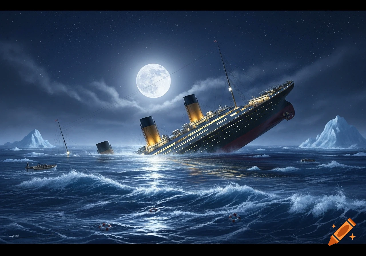 The Titanic ship sinking in a dark, wavy ocean under a full moon, with icebergs in the distance and lifeboats nearby.