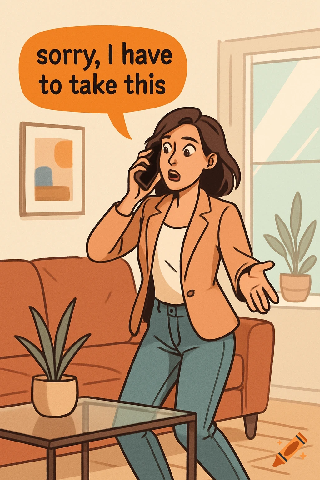 Illustration of a woman in a living room, standing up from a couch, on the phone with a speech bubble that reads "sorry, I have to take this".