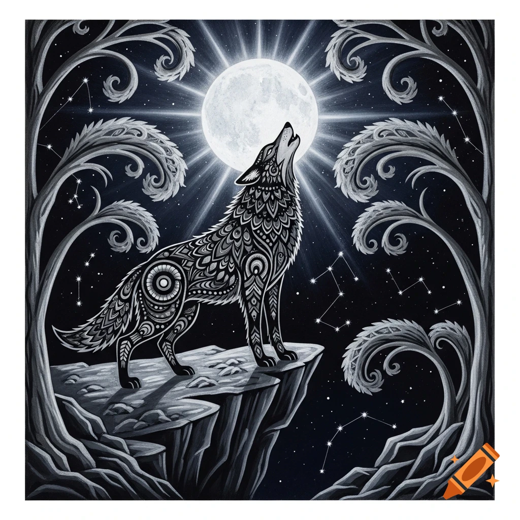 A stylized black wolf with intricate patterns howls at a bright full moon from a cliff, framed by swirling folk art trees under a starry night sky.