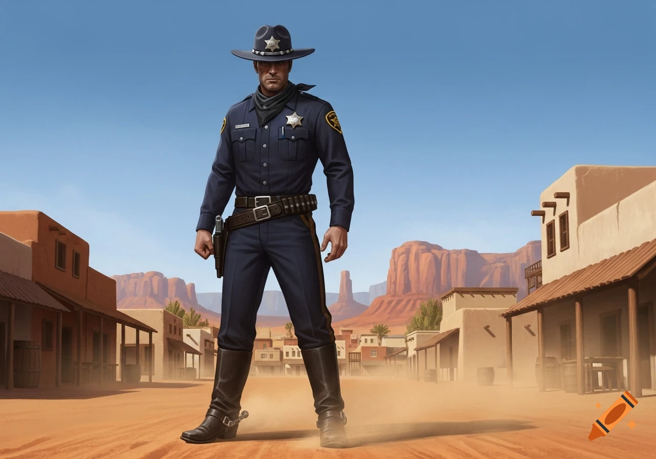 A determined sheriff in a dark blue uniform and cowboy hat stands in a dusty Old West town with red rock mountains.