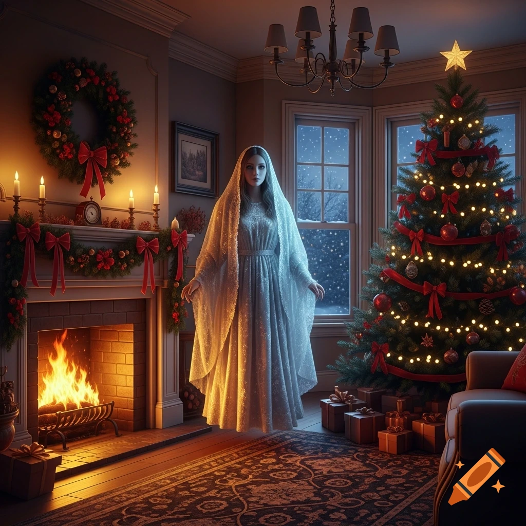 Ethereal woman in a white dress and veil floating in a beautifully decorated room with a Christmas tree and fireplace.