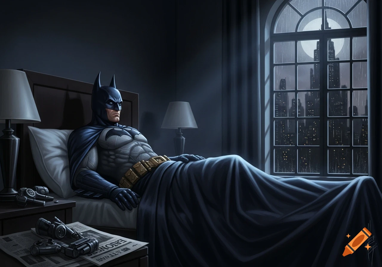 Batman in his full suit lies on a bed in a dark room, looking out a window at a rainy cityscape, detailed illustration.