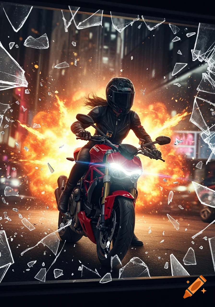 A woman on a red Ducati motorcycle crashes through a shattered window with an explosion behind her in a dynamic, photorealistic urban scene.