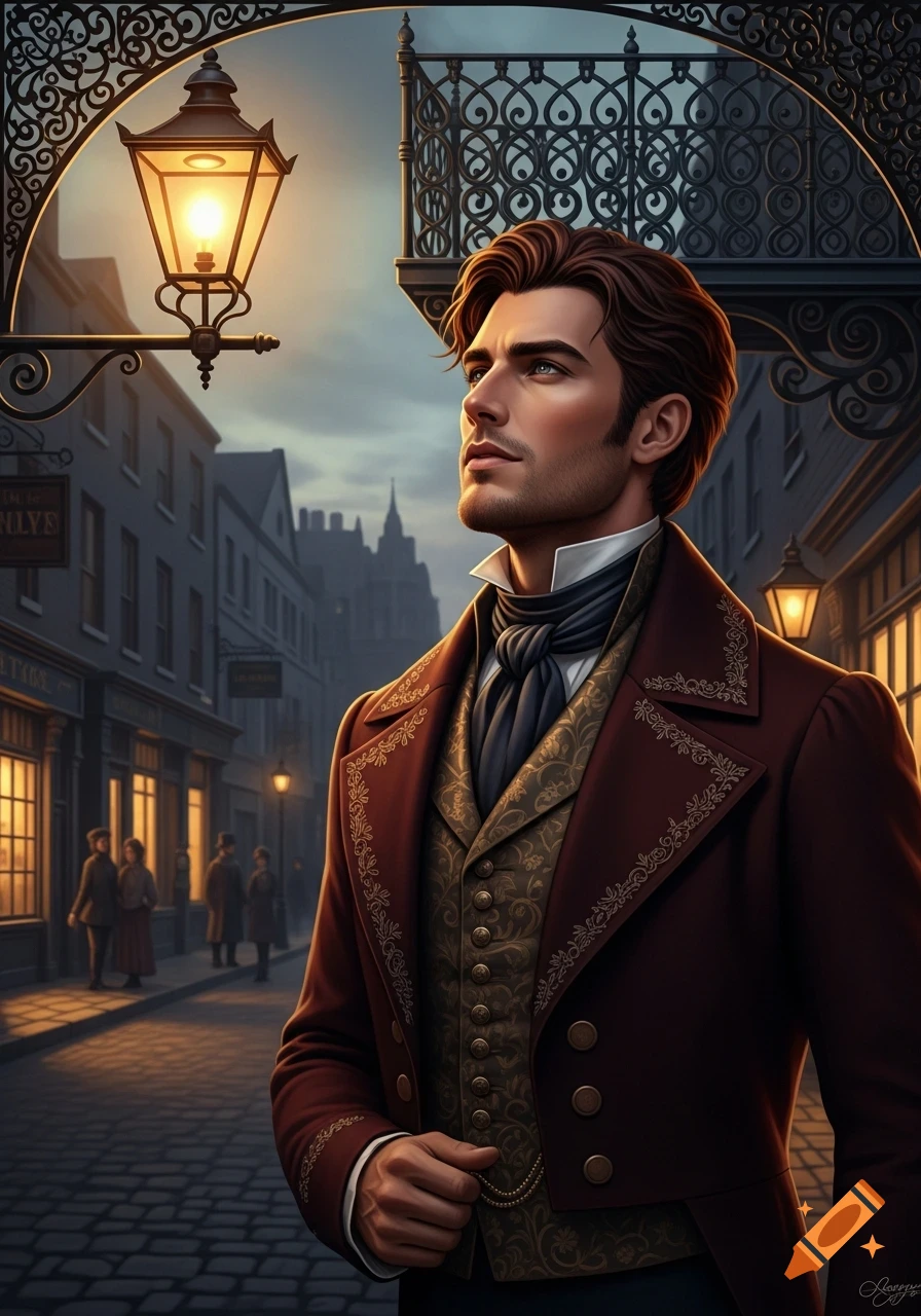 A handsome man in Victorian attire gazes up on a cobblestone street with a gas lamp and buildings at dusk.