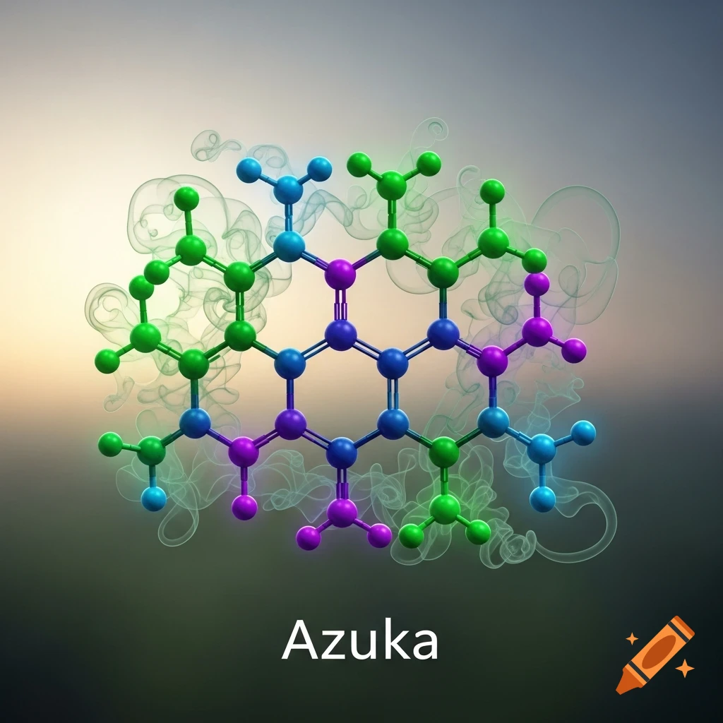 A colorful 3D molecular structure with green, blue, and purple atoms on a smoky background, with the word Azuka.