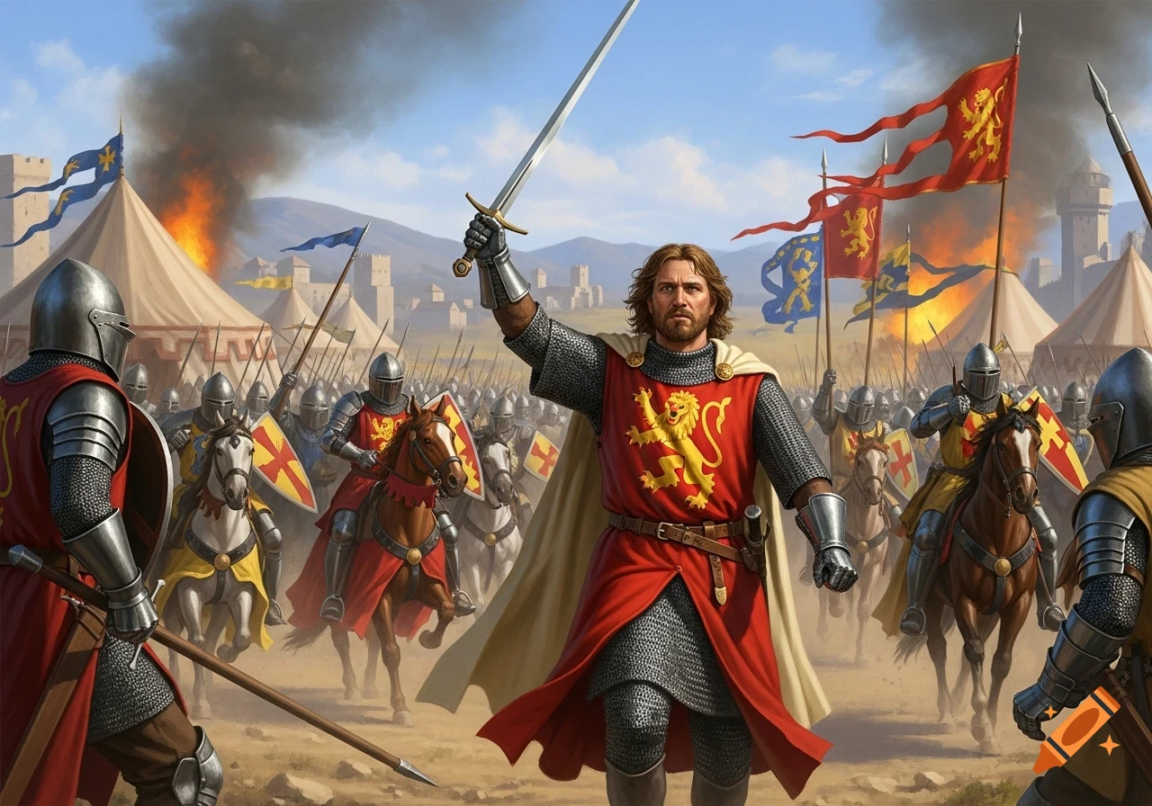 A medieval knight with a sword raised, leading an army on horseback during a battle with burning tents and castle in the background.
