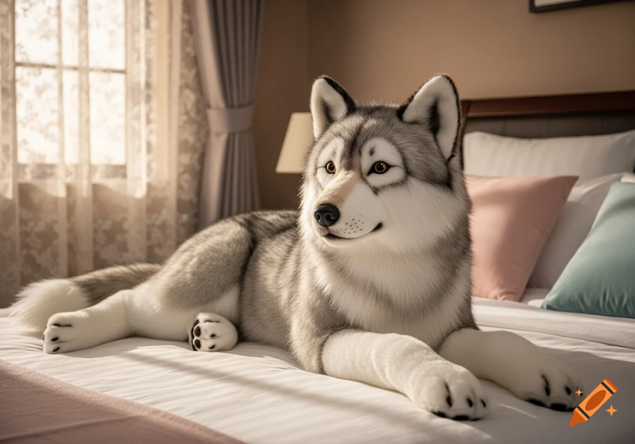 A photorealistic life-sized plushie of a gray and white wolf lies on a bed next to a window.