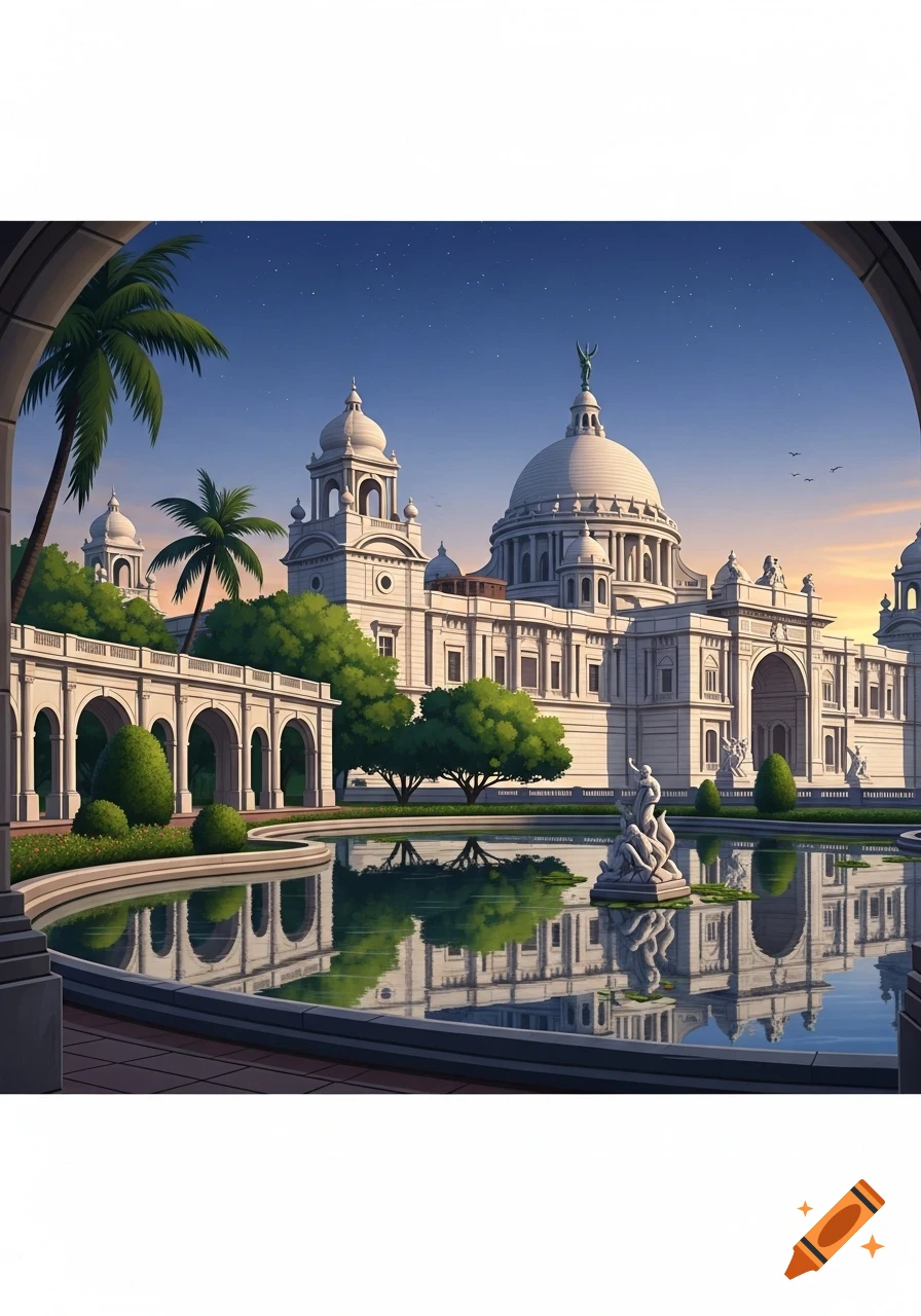 A grand white domed memorial building with classical architecture and green gardens, reflected in a serene pond at sunset.