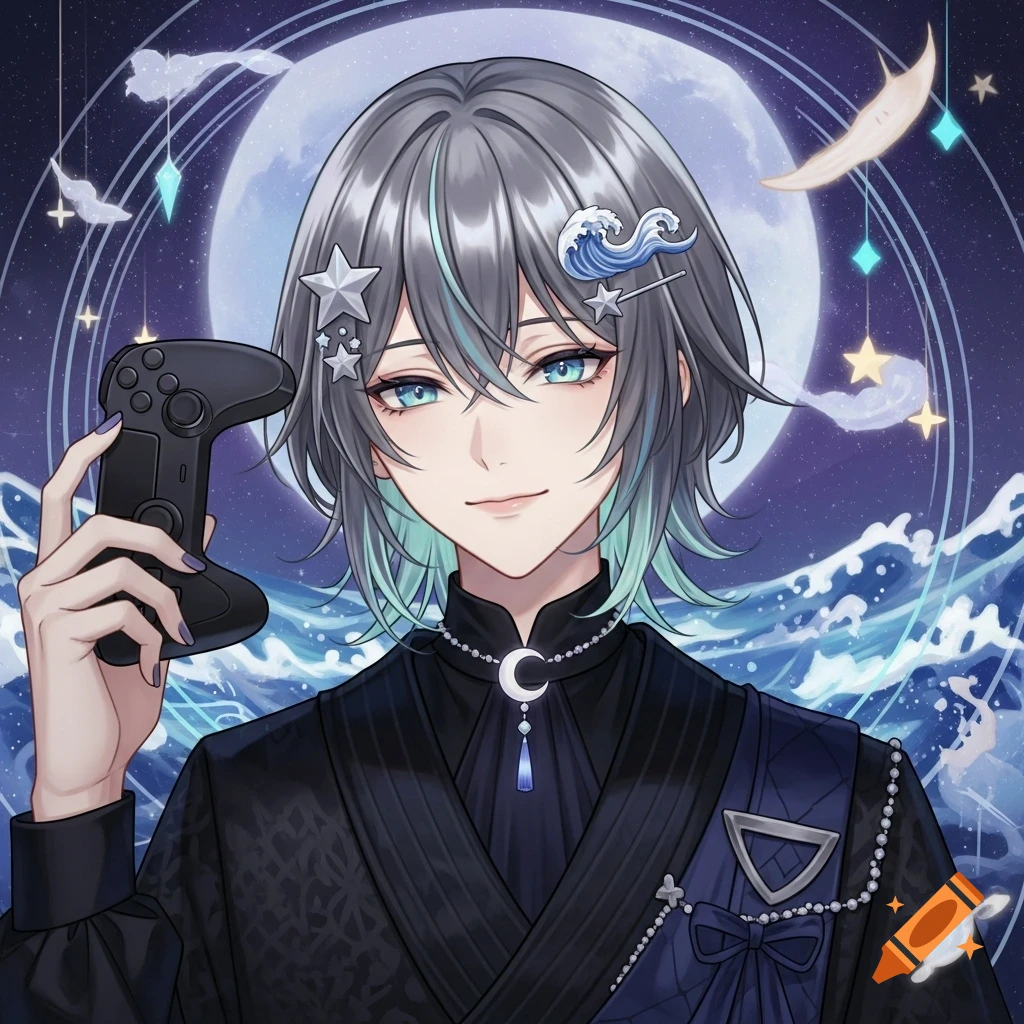 Androgynous anime character with grey and teal hair, a moon pendant, holding a black game controller against a fantasy night sky with a full moon, stars, and waves.