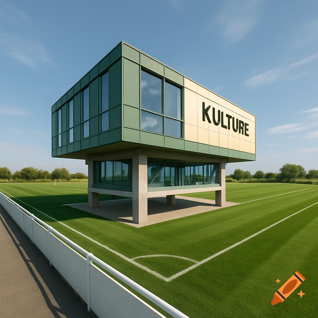 A modern, green and cream modular building with 'KULTURE' signage stands on concrete pylons over a football pitch.