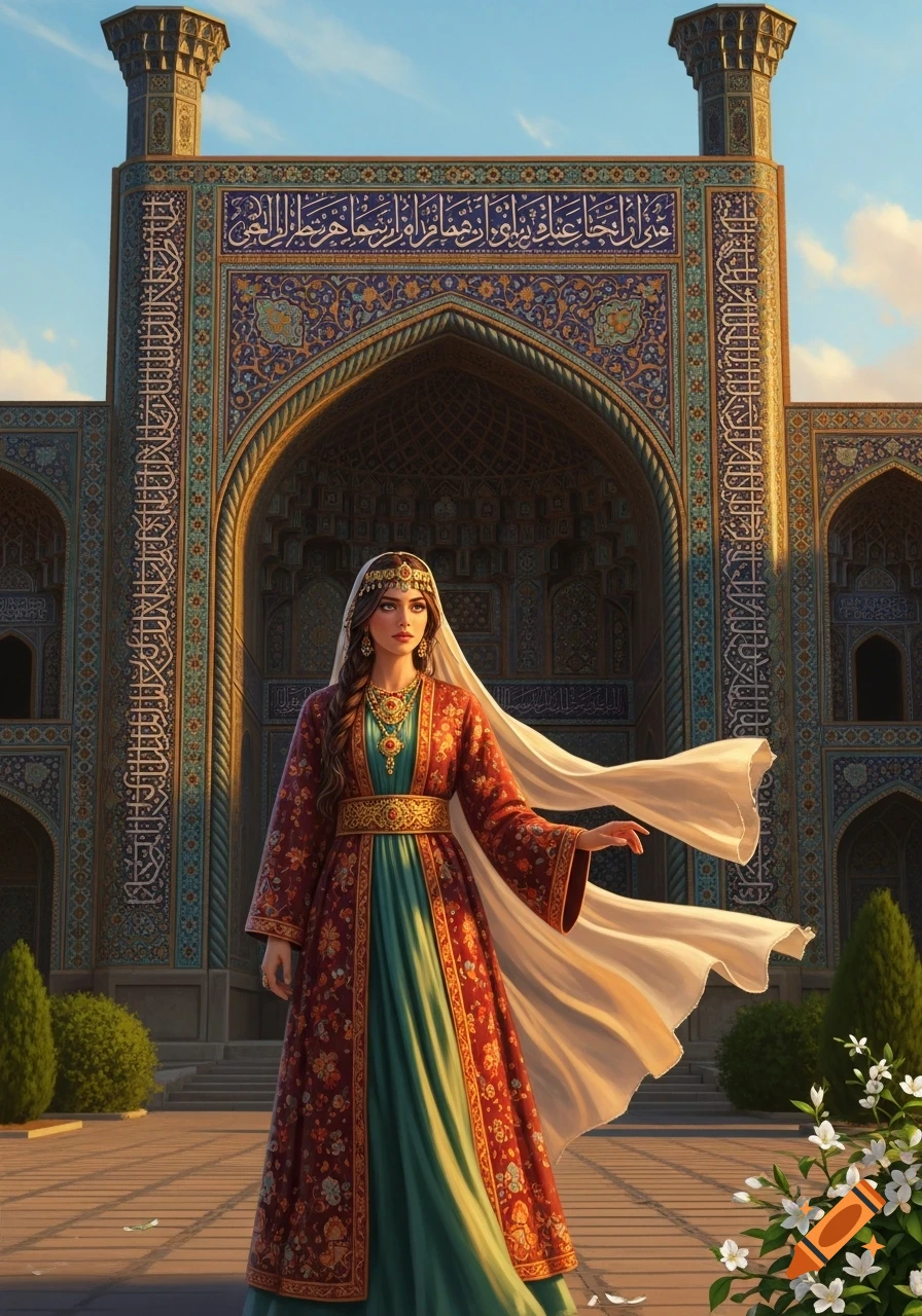 A woman in intricate red and green traditional attire stands before a grand, elaborately tiled mosque-like building under a blue sky, in a digital art style.