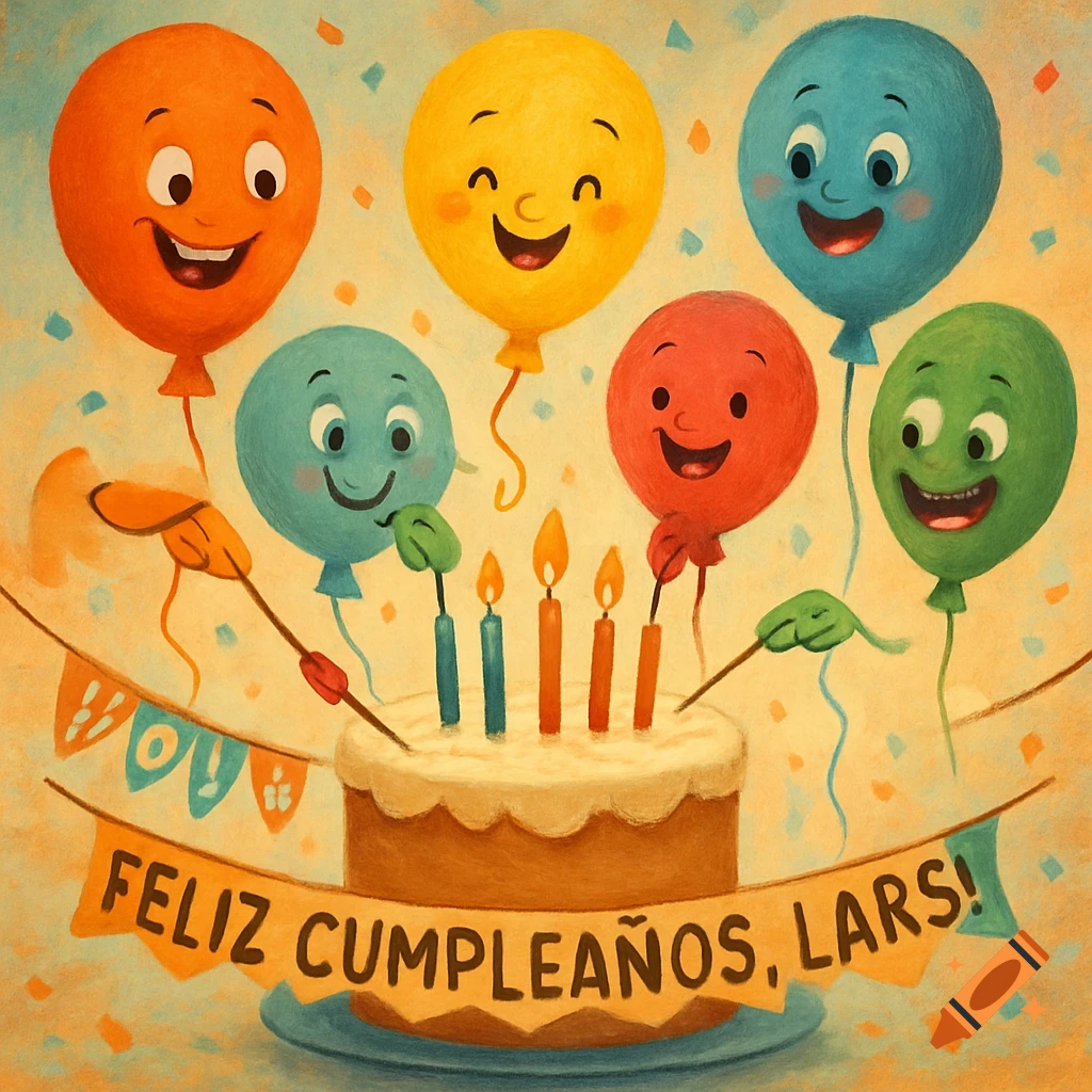 A whimsical illustration of several smiling, colorful balloons gathered around a birthday cake with lit candles and a banner reading "FELIZ CUMPLEAÑOS, LARS!"
