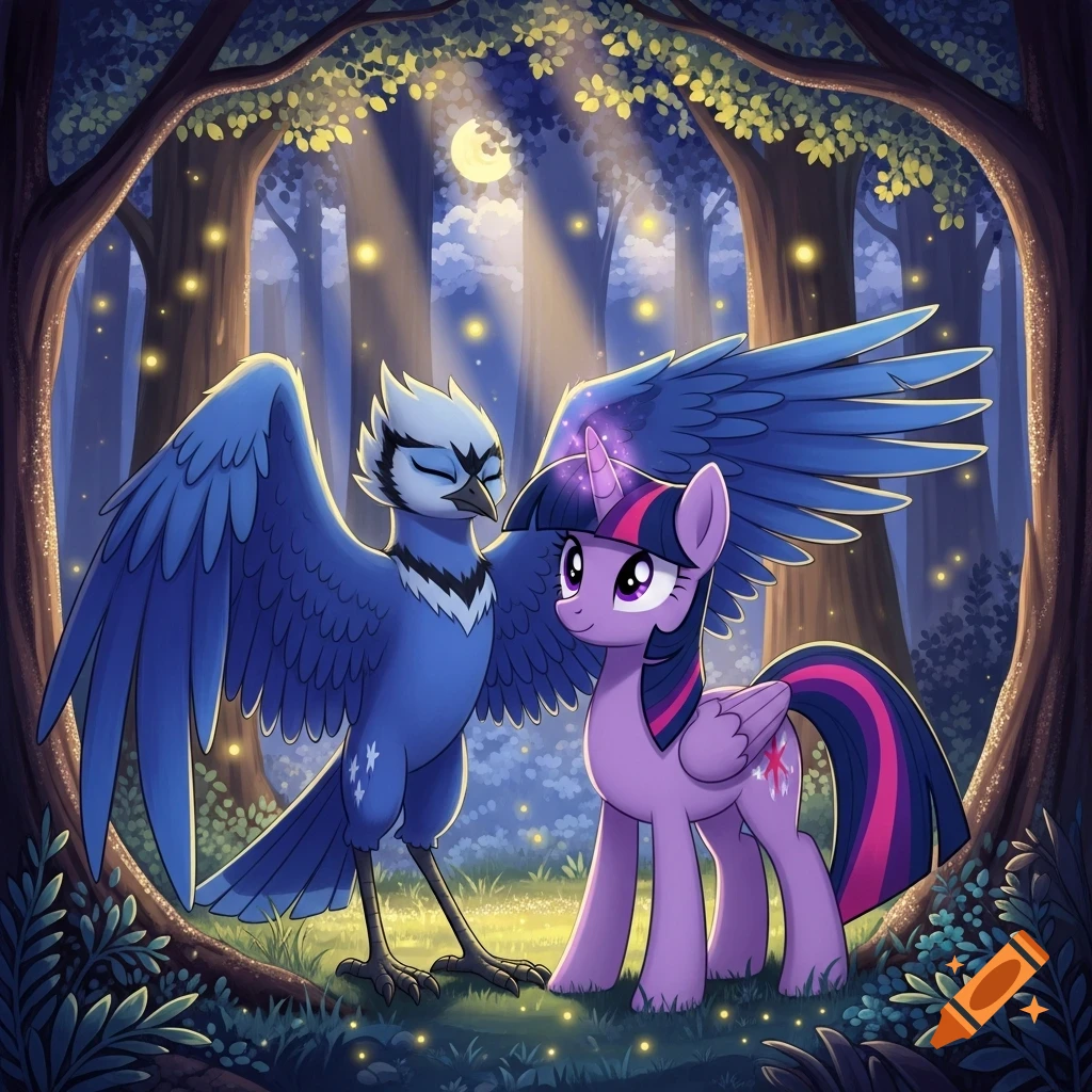 A blue jay-like bird and a purple alicorn pony in a magical, moonlit forest filled with glowing fireflies, cartoon style.