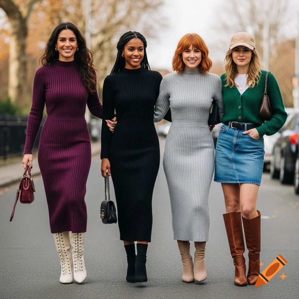 Four women in fashionable fall outfits, including knit dresses, a denim skirt, boots, and cardigans, walk down a street.