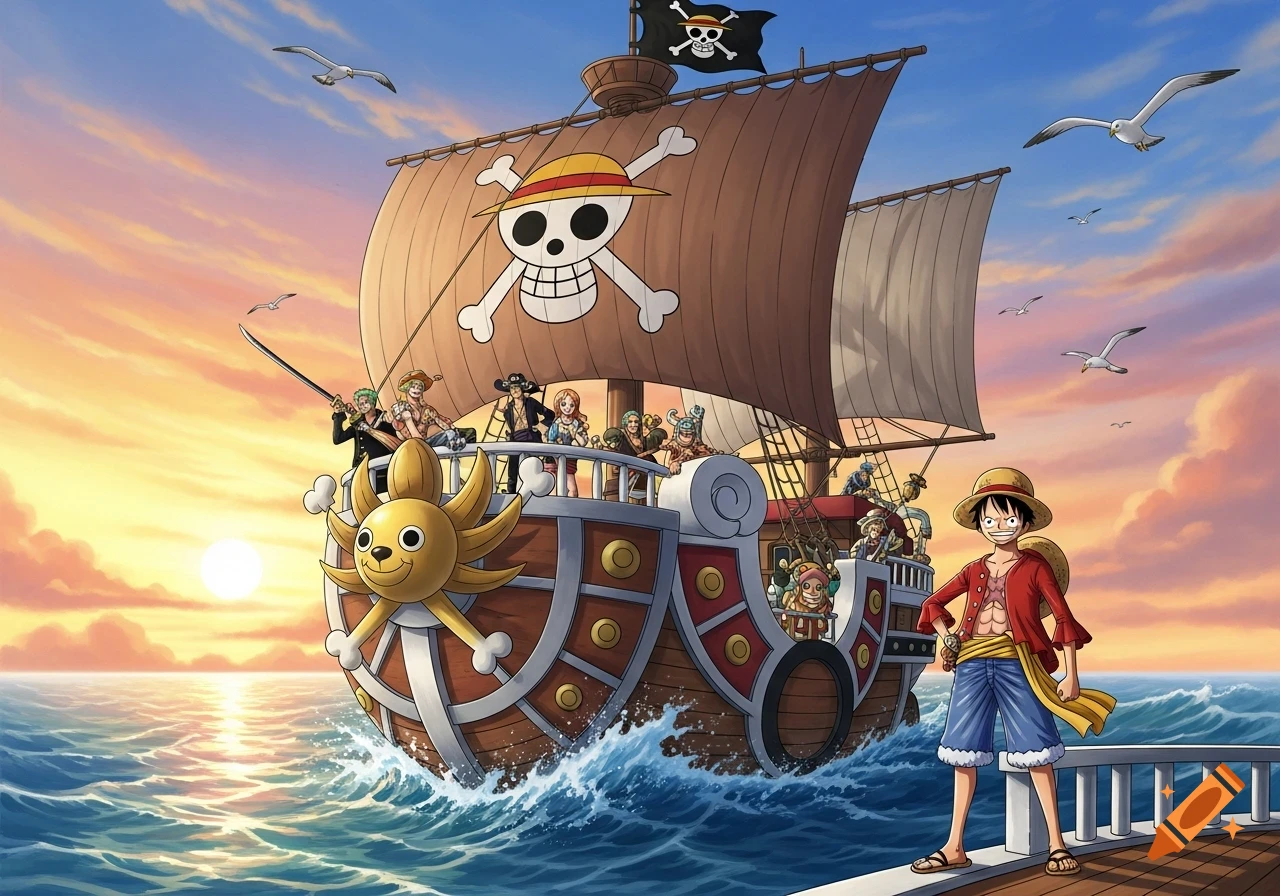 Monkey D. Luffy and the Straw Hat Pirates sail their ship, the Thousand Sunny, on a vibrant ocean at sunset, in an anime style.