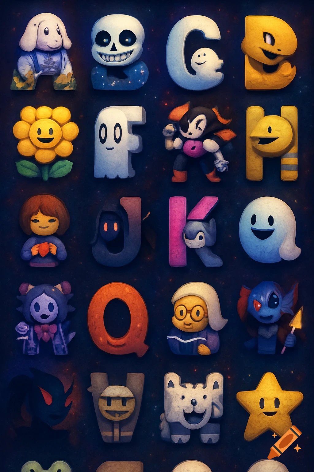 An alphabet of Undertale characters, stylized as letters on a dark, starry background.