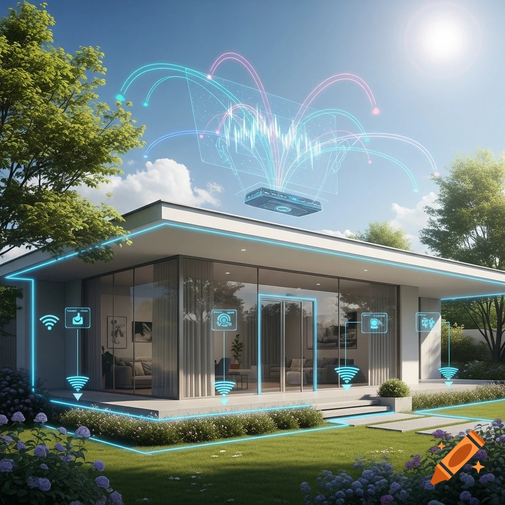A futuristic smart home with glowing blue lines connecting to various smart devices, with data streams flowing from a floating central system in the sky.