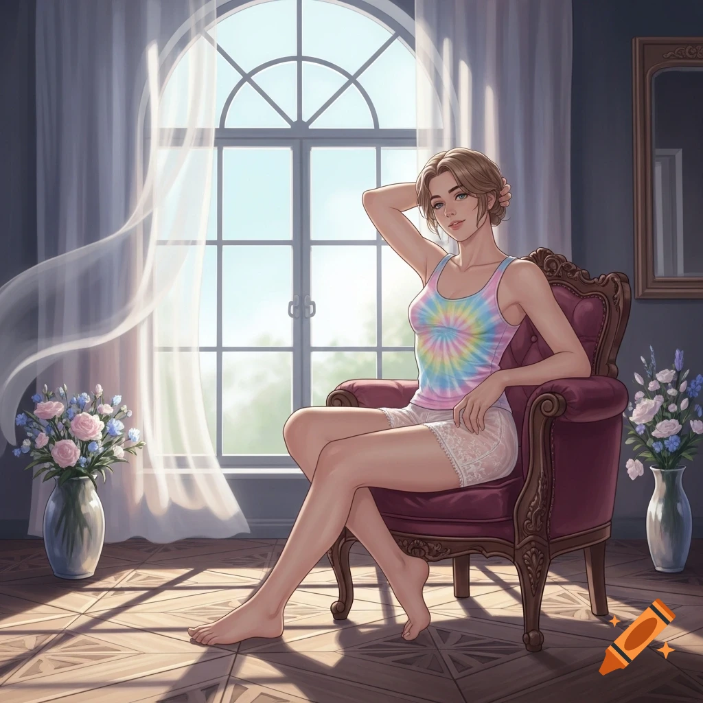 An illustration of a woman in a tie-dye tank top and lace shorts sitting on an ornate chair by a sunny window.