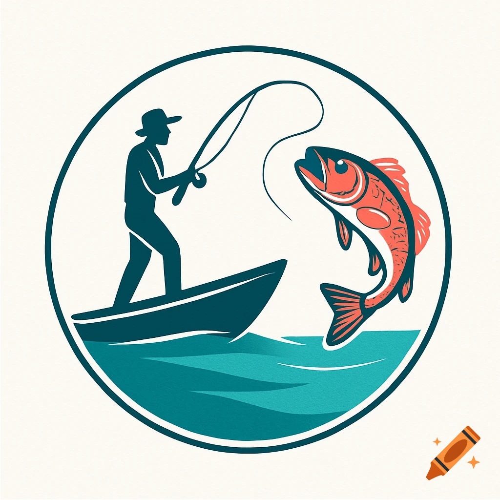 A stylized logo featuring a silhouette of a fisherman in a boat catching a large, jumping fish, all within a circular frame.