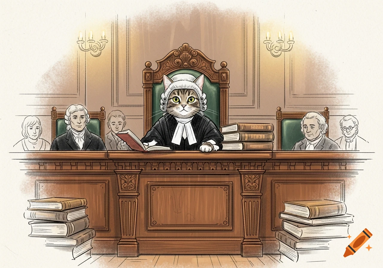 An illustration of a tabby cat judge in a wig and robes sitting at a courtroom bench with stacks of books.