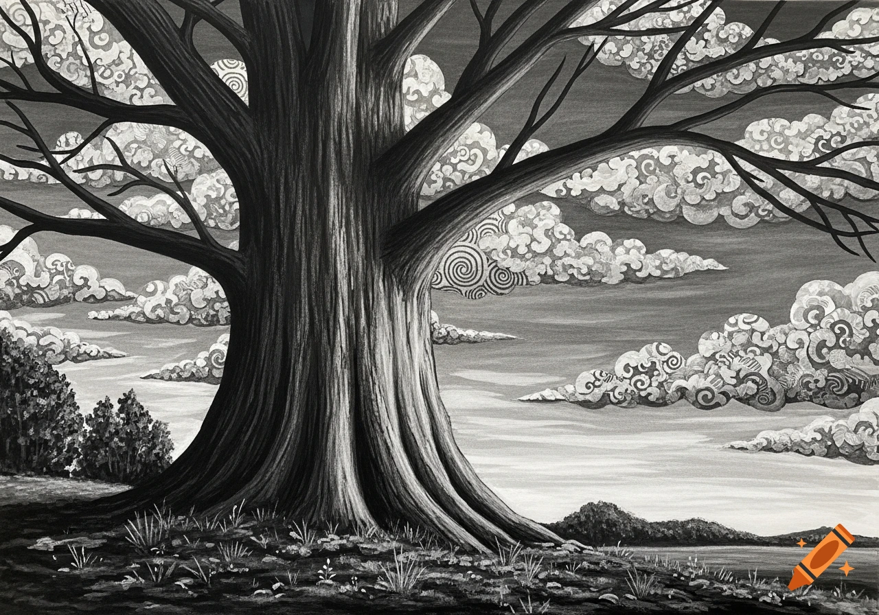 A large, dark tree trunk with bare branches dominates the foreground of a surreal, monochrome landscape with swirling patterned clouds, dark ground, and a distant lake and mountains.