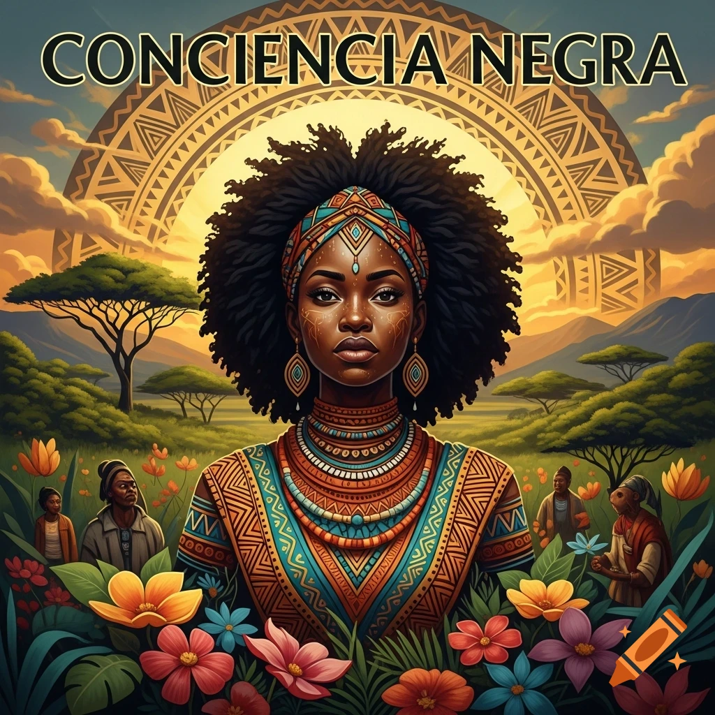 Digital art of a Black woman in traditional attire, surrounded by flowers and savanna, with "CONCIENCIA NEGRA" at the top.