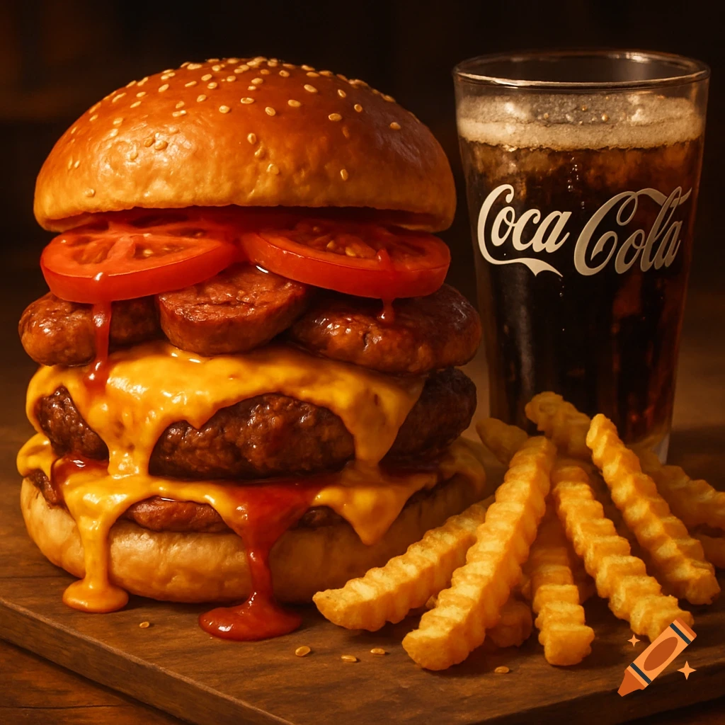 A mouth-watering close-up of a double cheeseburger with tomatoes, sausage, and ketchup, served with crinkle-cut fries and a glass of Coca-Cola.