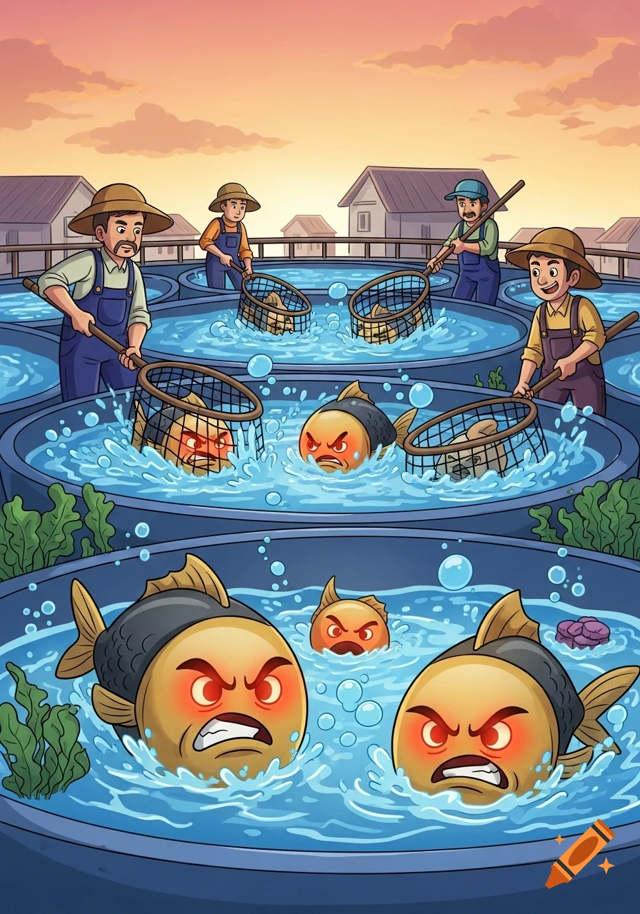 Cartoon fish farmers catch angry fish from tanks with nets under an orange sky.