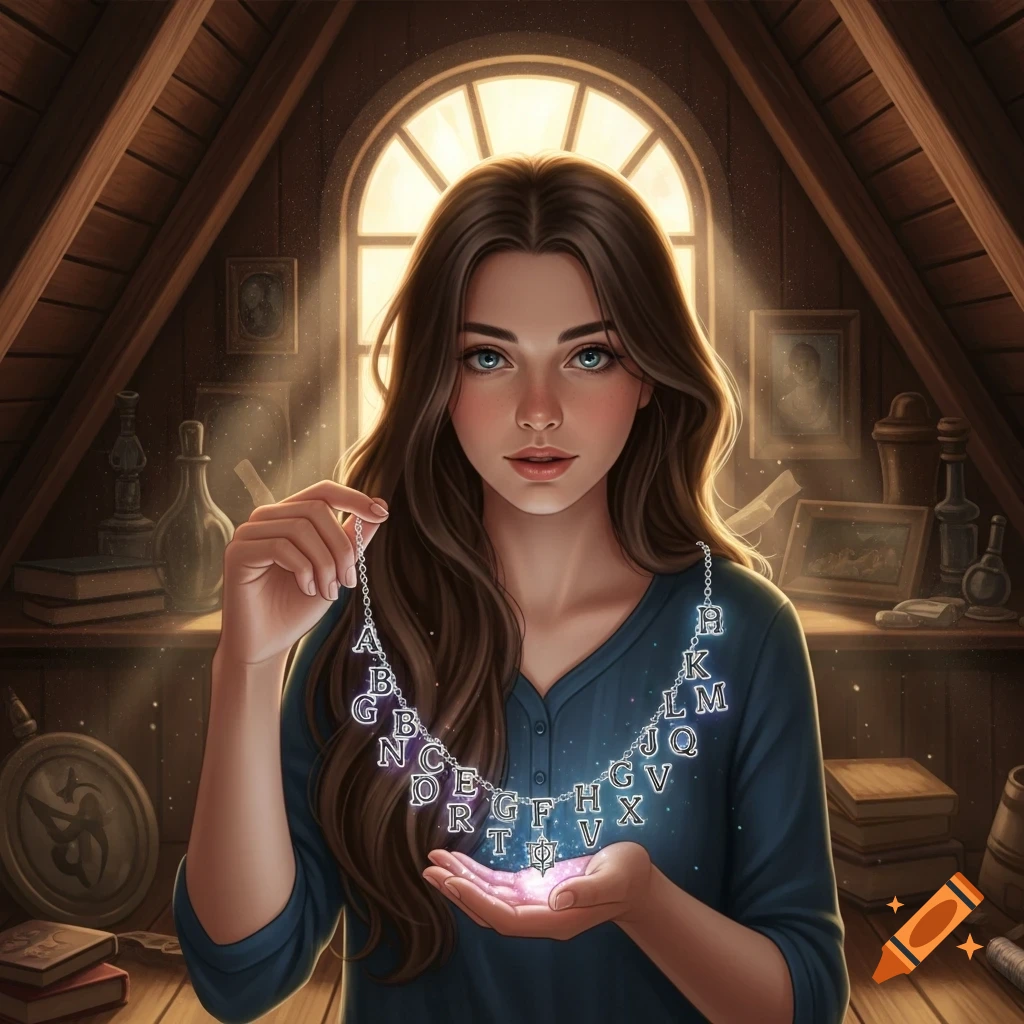 A young woman with long brown hair and blue eyes holds a glowing alphabet letter necklace in a dusty attic with a sunny arched window.