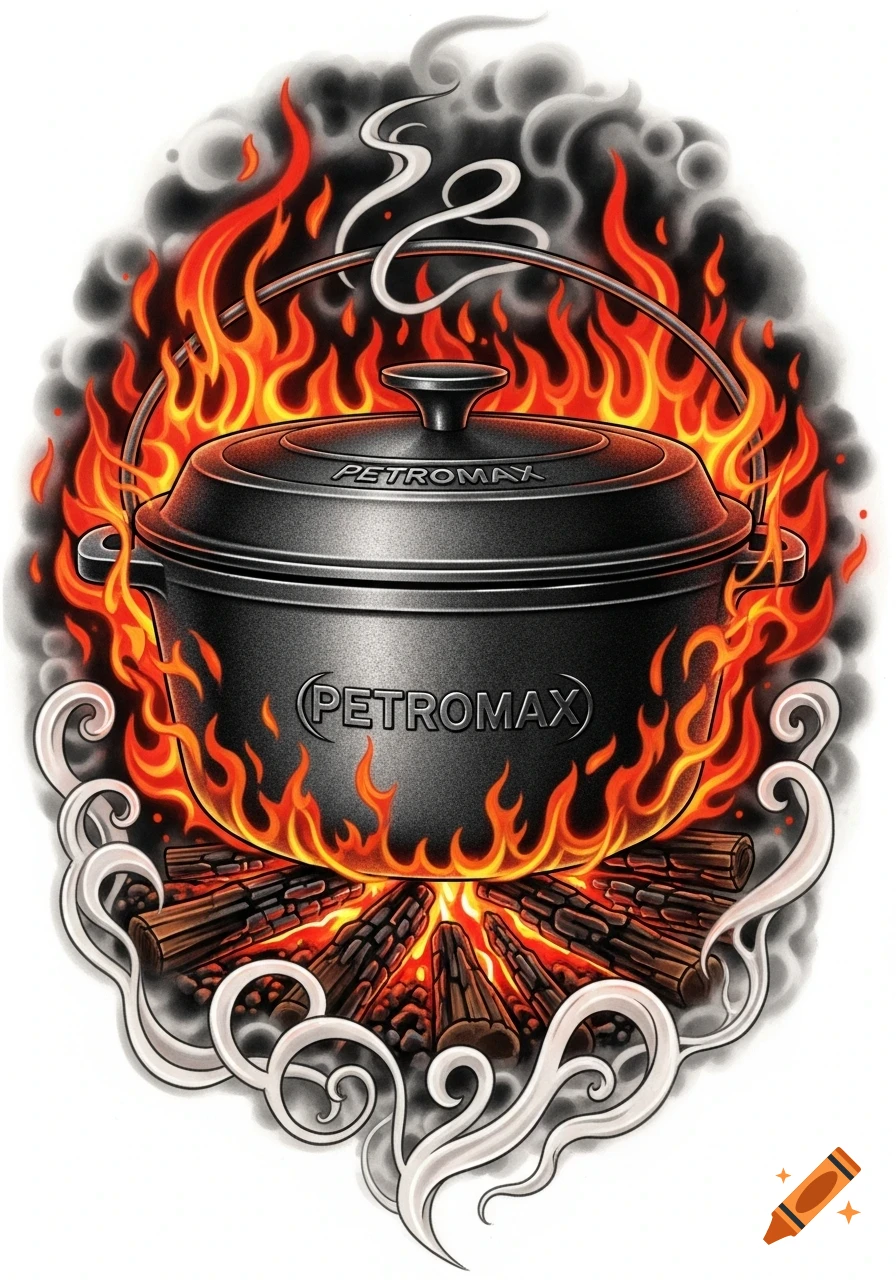 A black Petromax Dutch oven cooking over an open fire with logs and smoke, in a stylized tattoo art illustration.