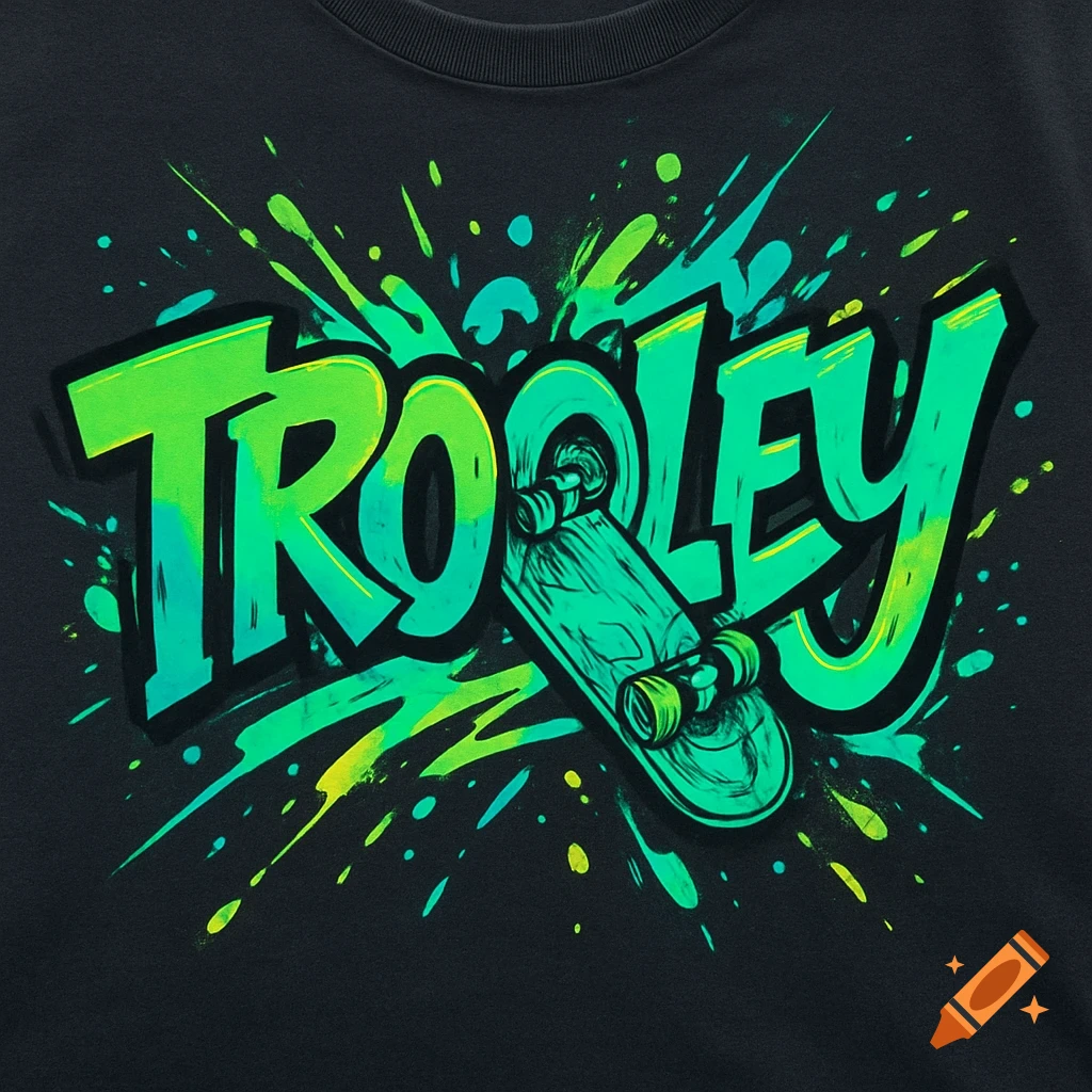 Vibrant green and yellow 'TROOLEY' graffiti logo with a skateboard 'O' on a black shirt, surrounded by paint splatters.