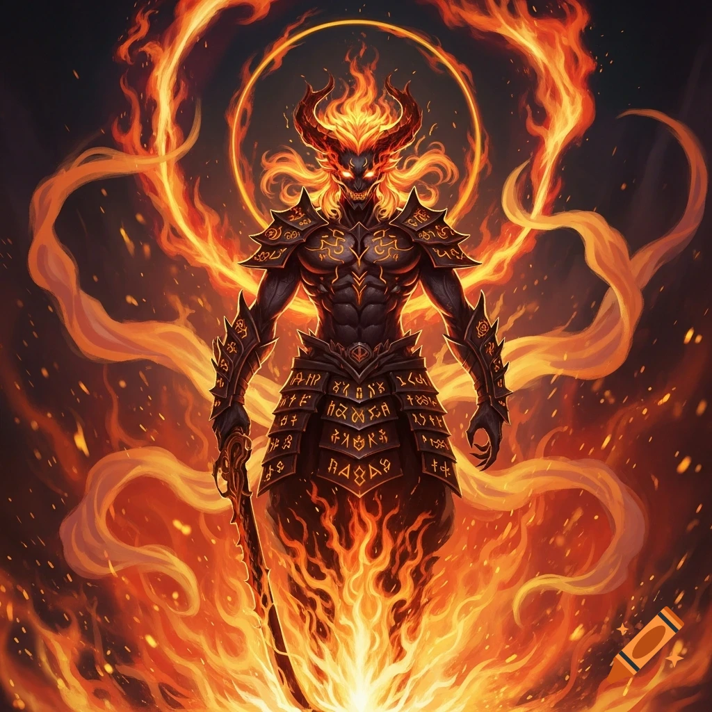 A powerful demonic figure with fiery horns and eyes stands wreathed in flames, wearing dark, runic armor and holding a sword.