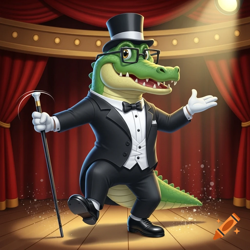 A friendly cartoon alligator wearing a tuxedo, top hat, and eyeglasses tap dances on a stage, holding a cane, with red curtains. 2D animated style.