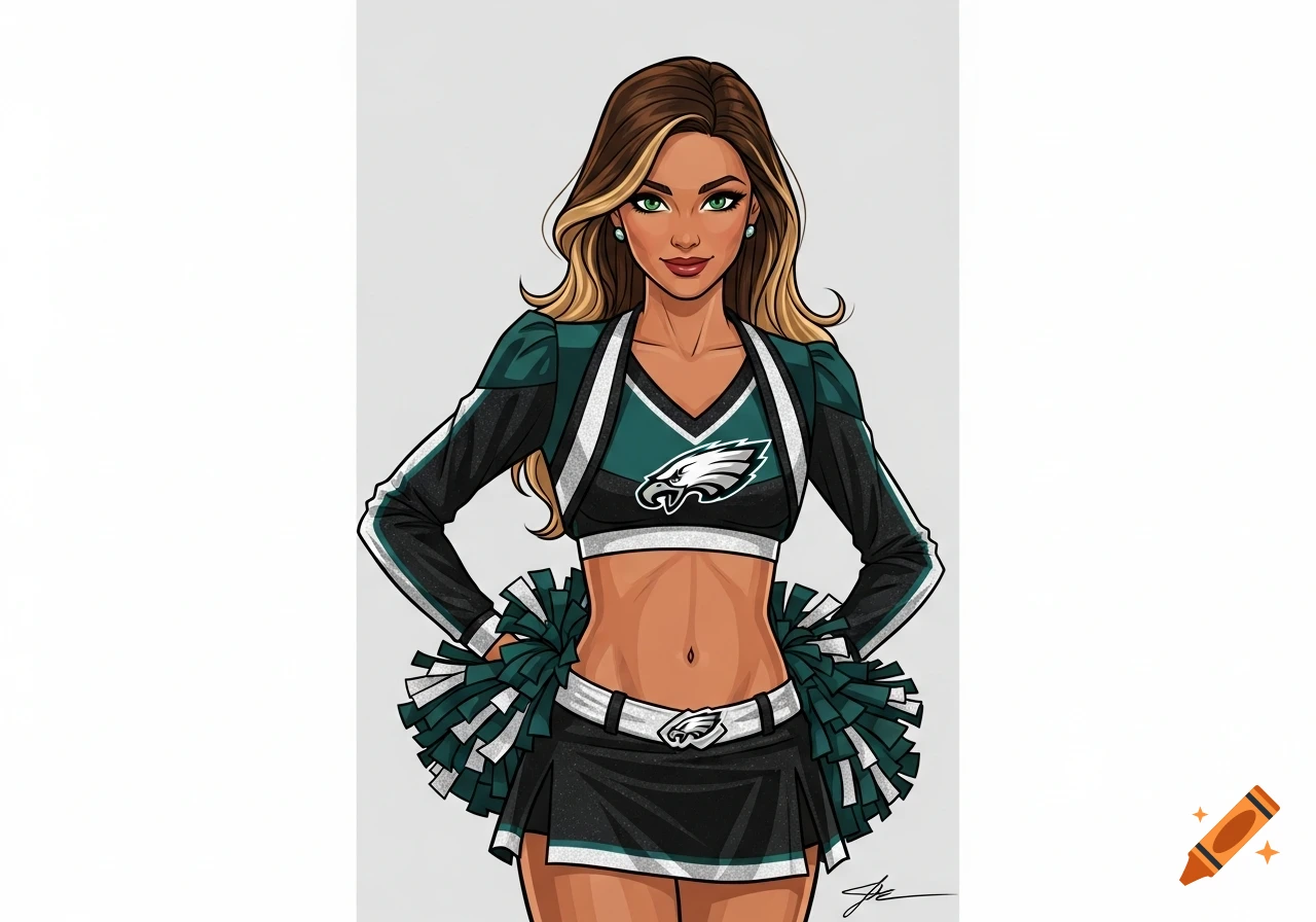 A stylized semi-realistic illustration of a female cheerleader in a Philadelphia Eagles uniform, holding pom-poms, against a neutral background.