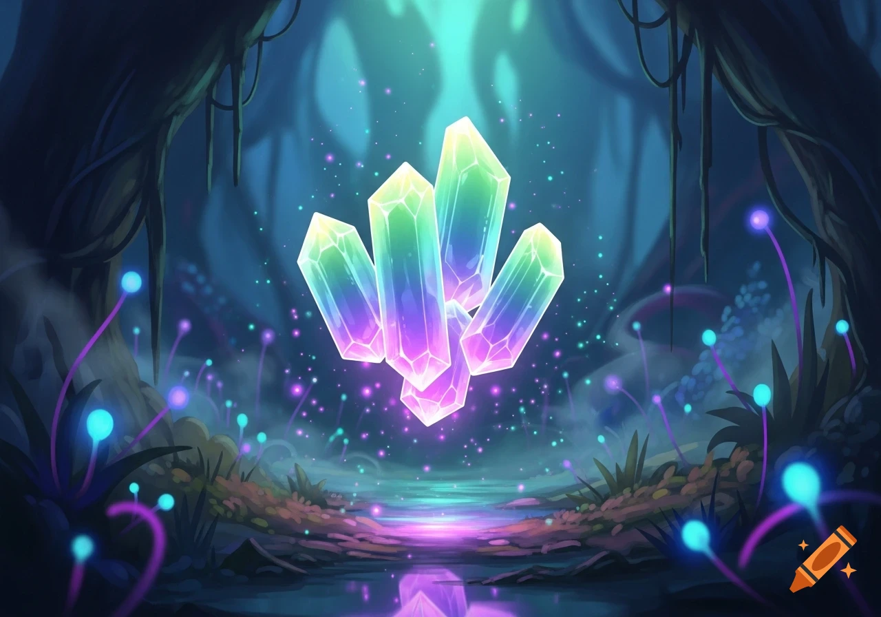 Glowing rainbow crystals float above water in a dark, mystical forest with luminous plants, in a vibrant fantasy illustration.